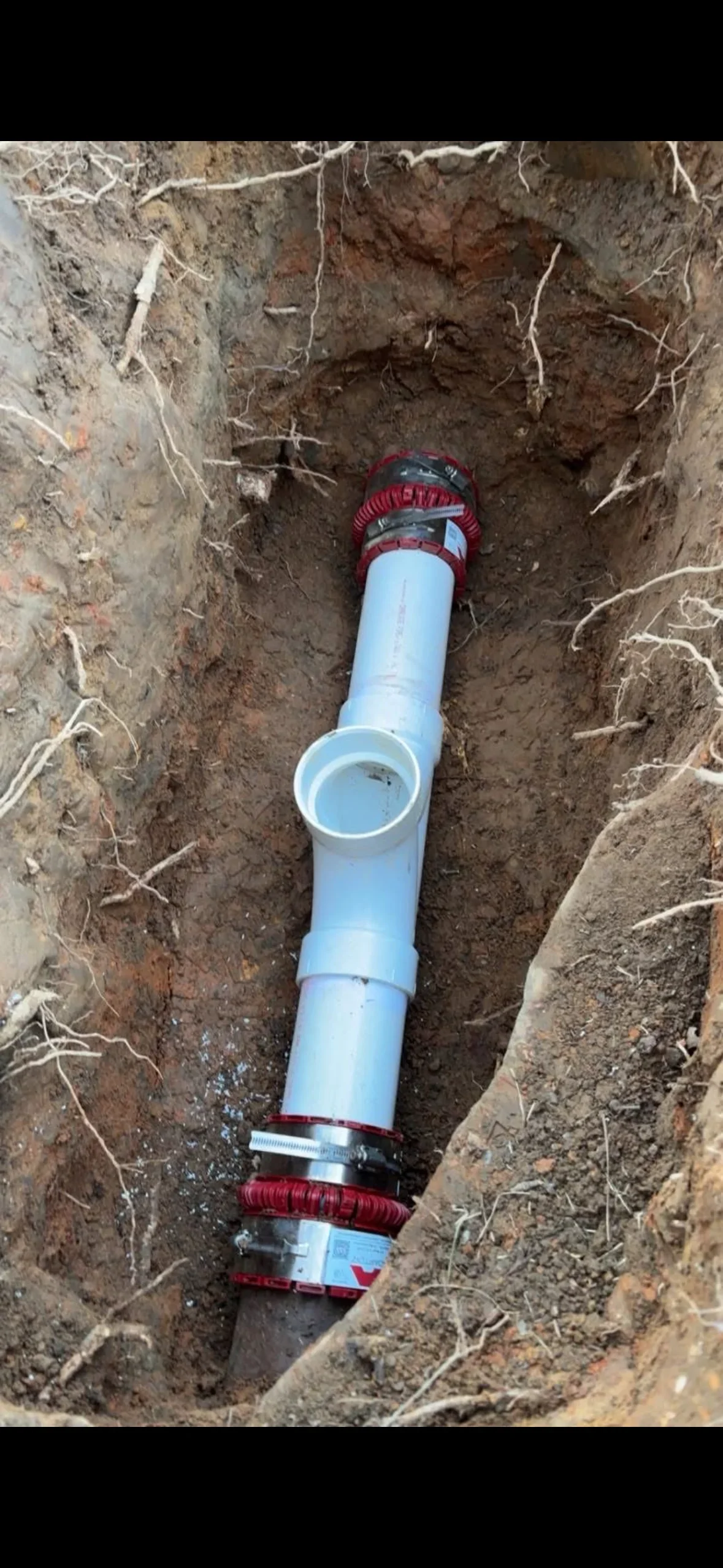 Blue PVC pipe with red hose clamps installed in underground trench excavation