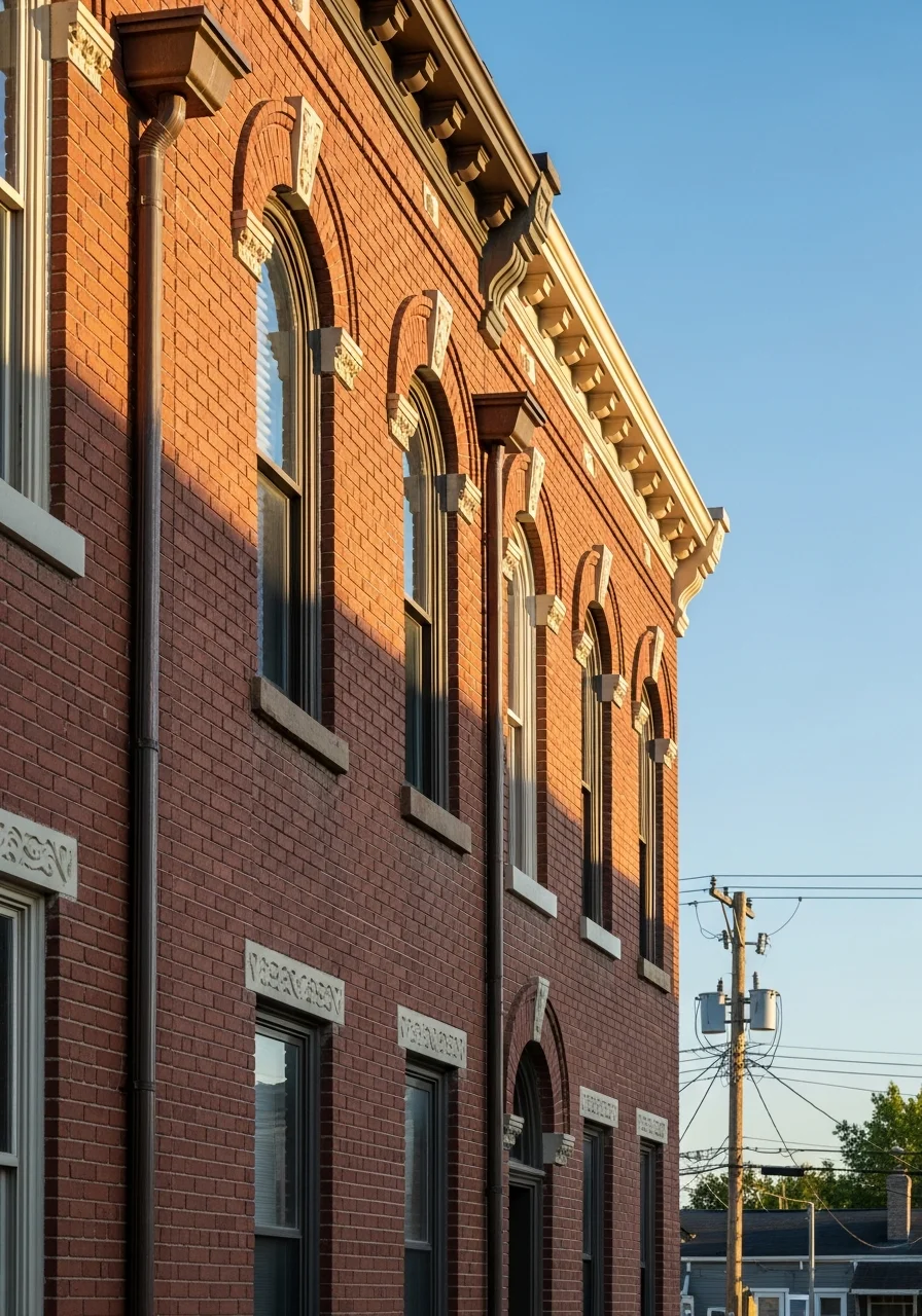 Detail of a historic Birmingham home facade with period architectural features.