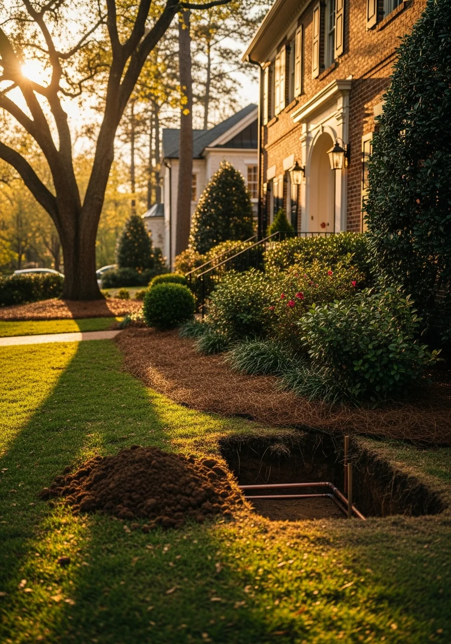 Elegant Mountain Brook home entrance with manicured grounds and architectural detail.