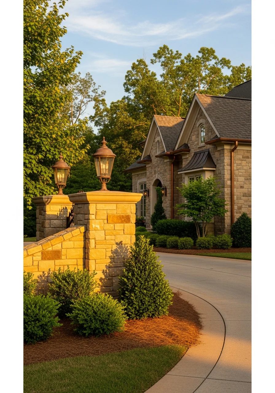 Upscale Vestavia Hills home entrance with manicured landscaping and stone features.