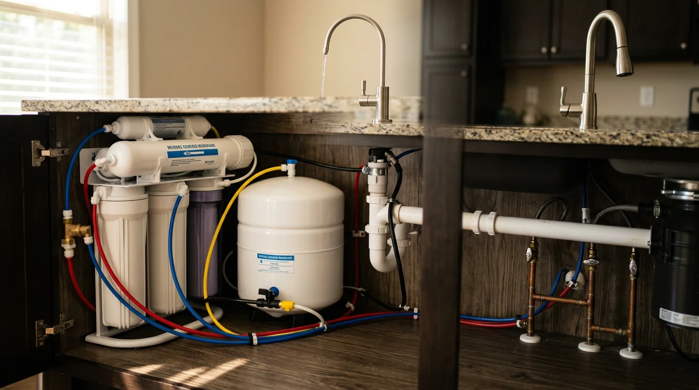 A reverse osmosis drinking water system installed beneath a kitchen sink in a Hoover, Alabama home, showing the filter housing, storage tank, and dedicated faucet connection. Clean plumbing lines run from the cold-water supply to the RO unit and drain saddle.