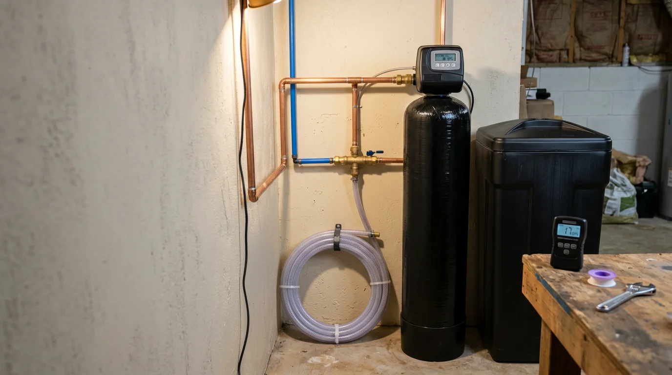 A whole-home water softener system connected to the main supply line inside a Hoover, Alabama utility room. The two-tank setup shows the mineral tank and brine tank plumbed in with copper fittings and a drain line running to a nearby floor drain.